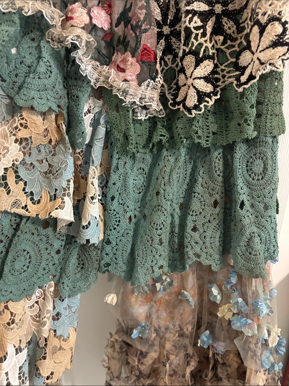 Boho Tiered Lace Patchwork Pants in Green and Cream - Picture 7 of 8